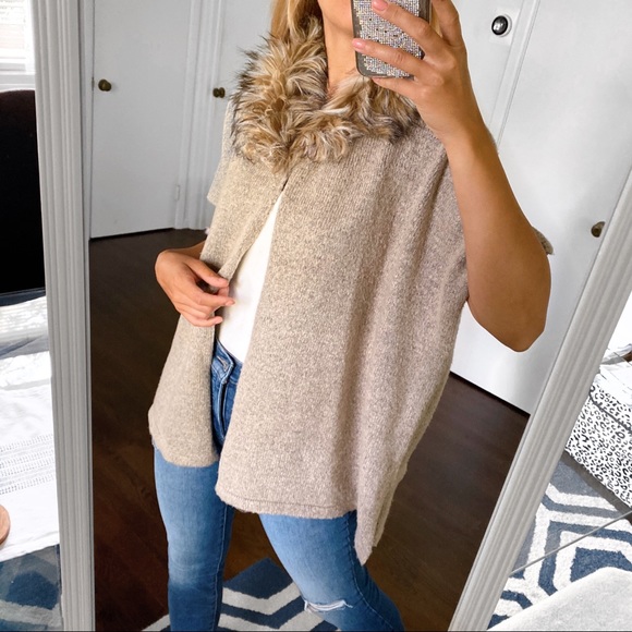 🍂 LOVE YOUR CLOTHES FAUX FUR OATMEAL KNIT PONCHO  CARDIGAN SWEATER! - Picture 4 of 11